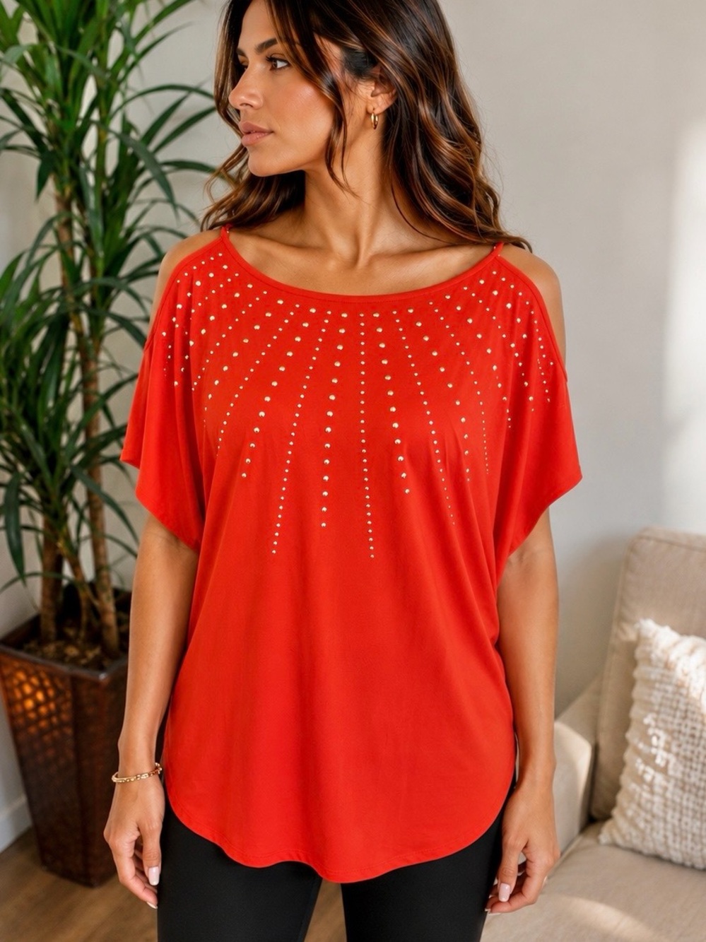 Midnight Velvet Bright Orange Studded Cold Shoulder Top XL